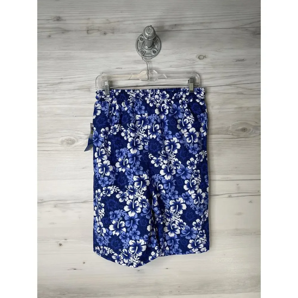 Banana Boat Swim Trunks Boys 12 Blue White Hibiscus Floral‎ Board Shorts UPF50+